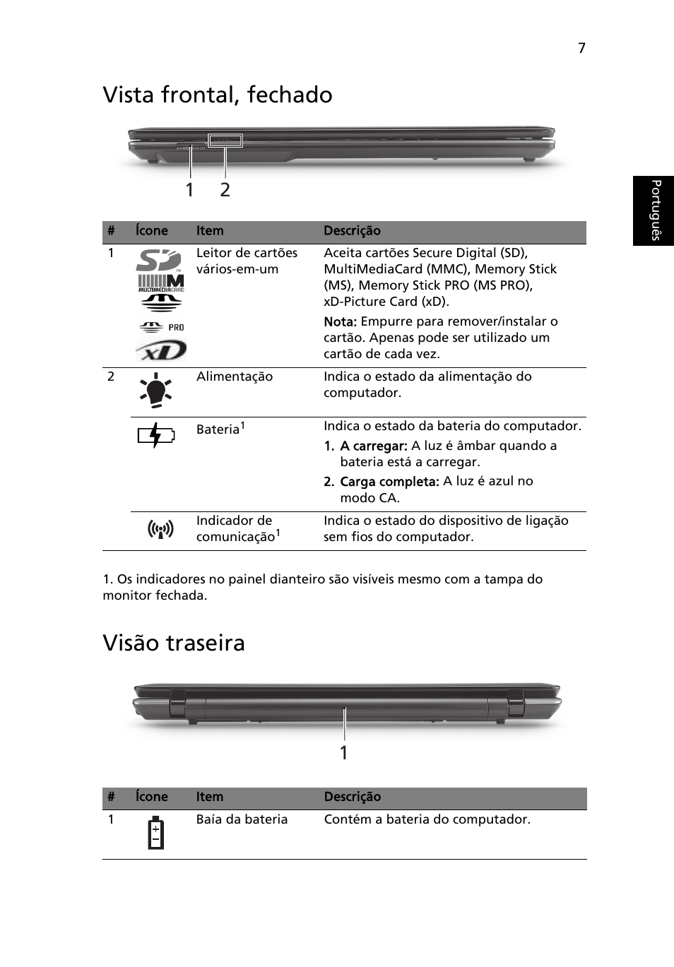 Vista frontal, fechado, Visão traseira | Acer Aspire 7745Z User Manual | Page 71 / 376