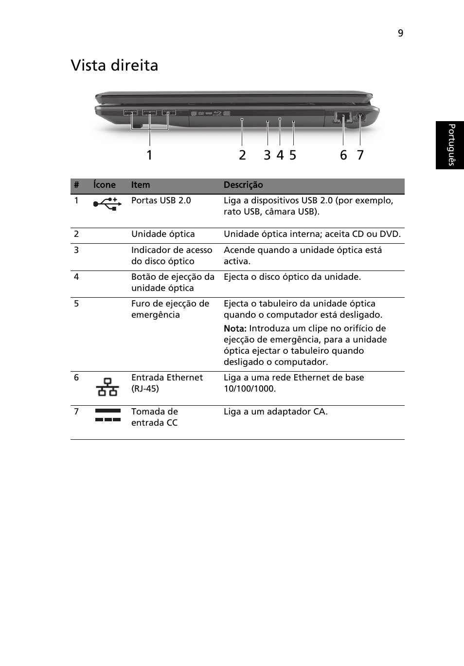 Vista direita | Acer Aspire 7745Z User Manual | Page 73 / 376