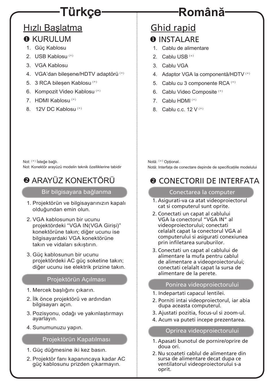 Türkçe, Română, Hızlı başlatma | Ghid rapid, Kurulum, Arayüz konektörü, Instalare, Conectorii de interfata | Acer H6500 User Manual | Page 10 / 19