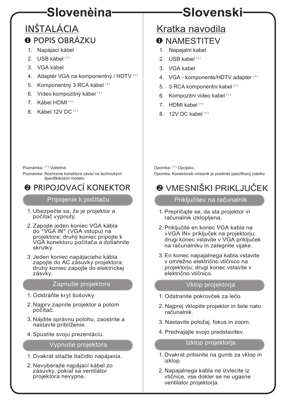 Slovenski, Slovenèina, Kratka navodila | Inštalácia, Namestitev, Vmesniški priključek, Popis obrázku, Pripojovací konektor | Acer H6500 User Manual | Page 11 / 19