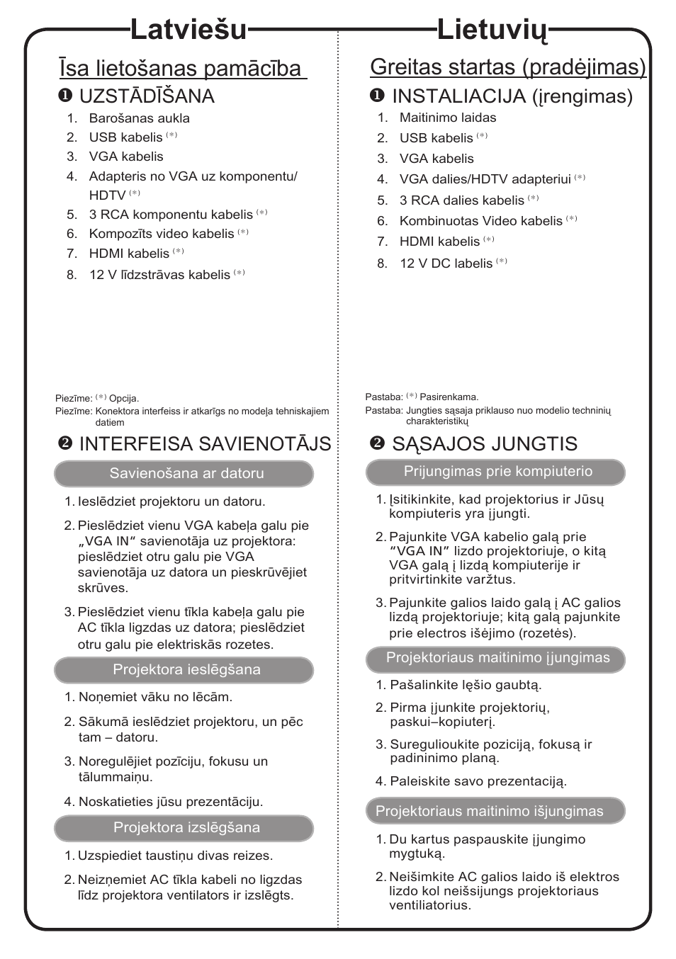 Lietuvių, Latviešu, Greitas startas (pradėjimas) | Īsa lietošanas pamācība, Instaliacija (įrengimas), Sąsajos jungtis, Uzstādīšana, Interfeisa savienotājs | Acer H6500 User Manual | Page 13 / 19