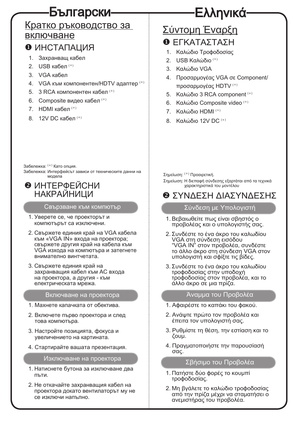 Български, Ελληνικά, Кратко ръководство за включване | Σύντομη έναρξη, Иhctaпaция, Интерфейсни накрайници, Εγκατaσταση, Συνδεση διασυνδεσησ | Acer H6500 User Manual | Page 14 / 19