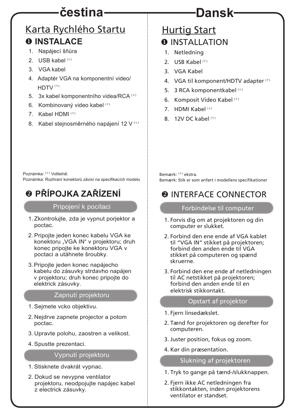 Dansk, Čestina, Hurtig start | Karta rychlého startu, Installation, Interface connector, Instalace, Přípojka zařízení | Acer H6500 User Manual | Page 3 / 19