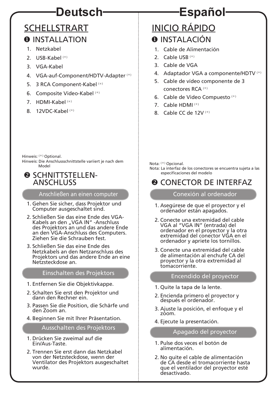 Español, Deutsch, Inicio rápido | Schellstrart, Instalación, Conector de interfaz, Installation, Schnittstellen- anschluss | Acer H6500 User Manual | Page 4 / 19