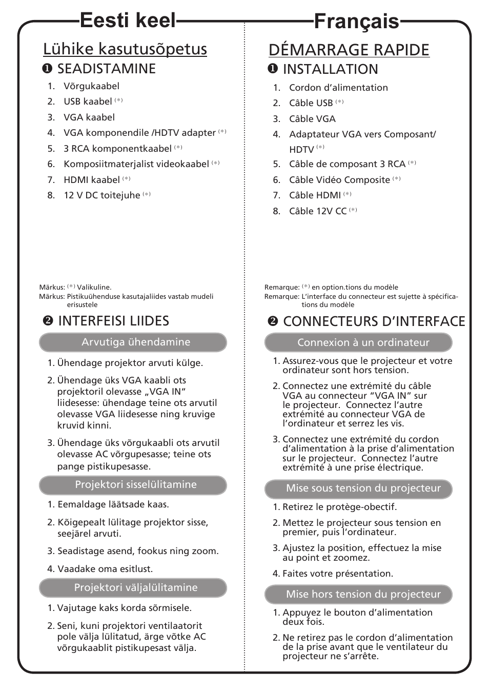 Français, Eesti keel, Démarrage rapide | Lühike kasutusõpetus, Installation, Connecteurs d’interface, Seadistamine, Interfeisi liides | Acer H6500 User Manual | Page 5 / 19