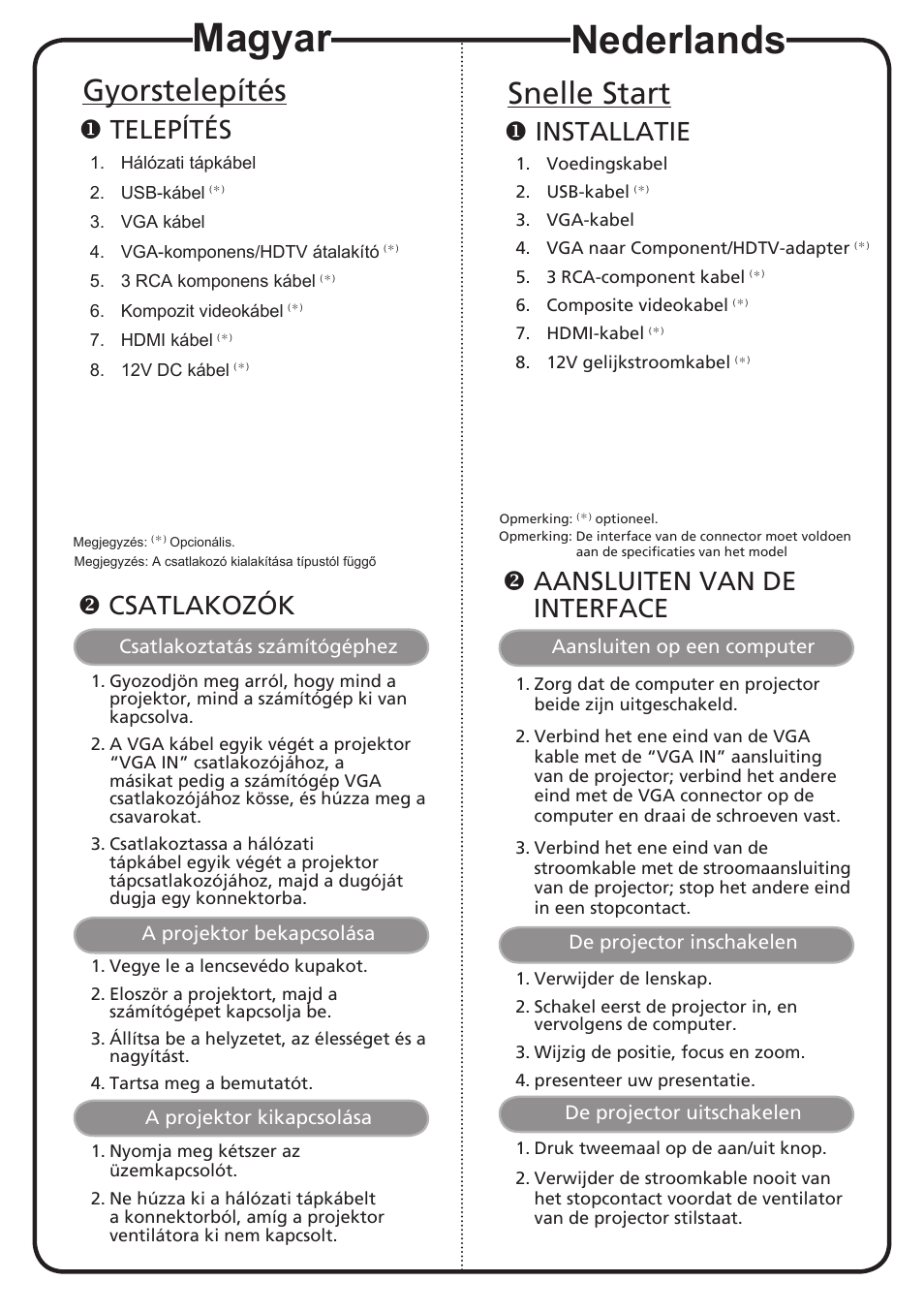 Nederlands, Magyar, Snelle start | Gyorstelepítés, Installatie, Aansluiten van de interface, Telepítés, Csatlakozók | Acer H6500 User Manual | Page 7 / 19