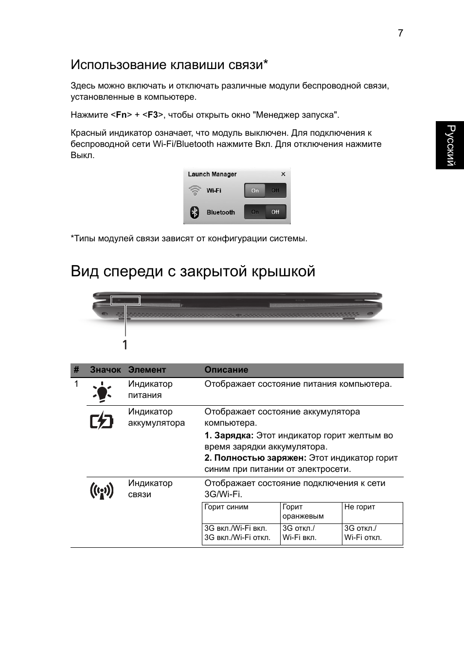 Вид спереди с закрытой крышкой, Использование клавиши связи | Acer AOHAPPY2 User Manual | Page 133 / 318