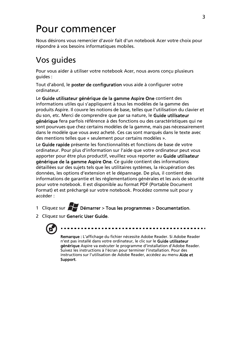 Pour commencer, Vos guides | Acer AOHAPPY2 User Manual | Page 15 / 318