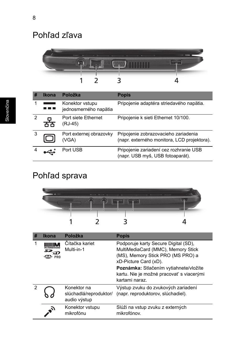 Pohľad zľava, Pohľad sprava, Pohľad zľava pohľad sprava | Acer AOHAPPY2 User Manual | Page 180 / 318