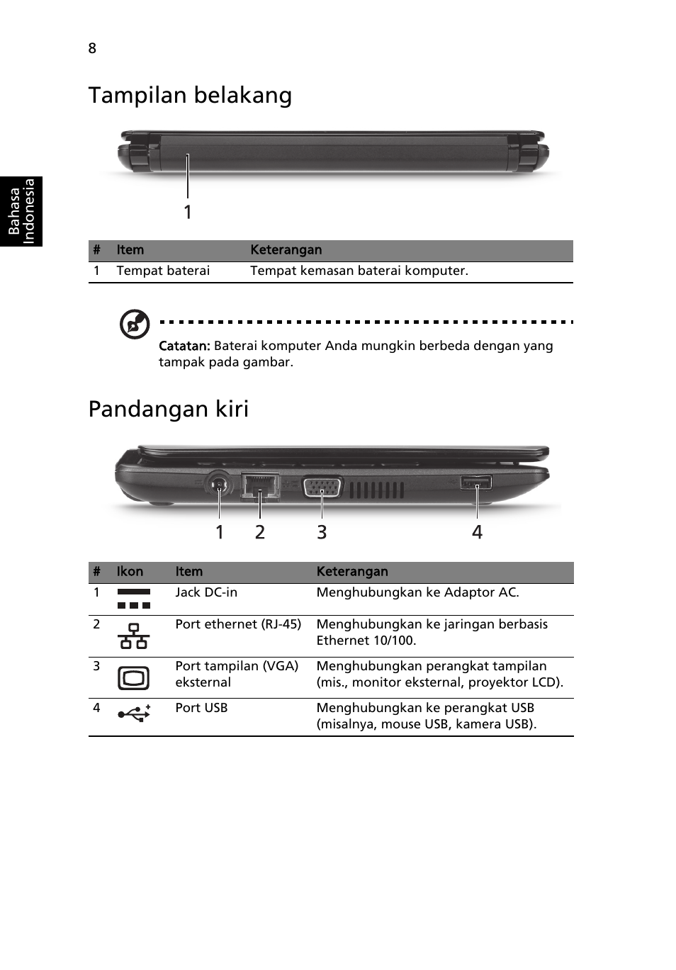 Tampilan belakang, Pandangan kiri | Acer AOHAPPY2 User Manual | Page 304 / 318