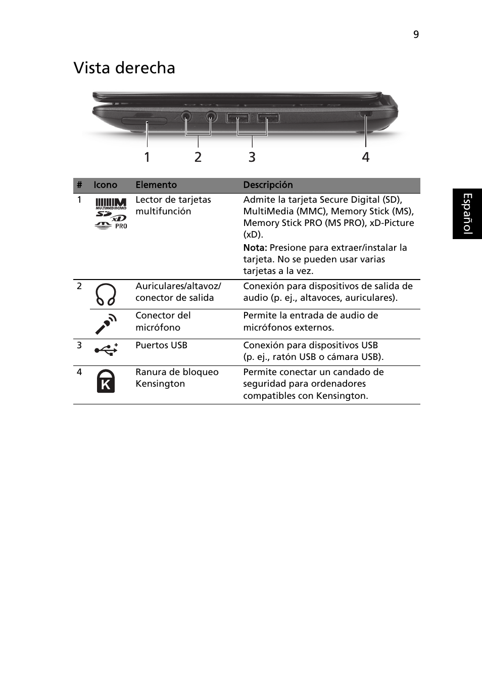 Vista derecha | Acer AOHAPPY2 User Manual | Page 57 / 318