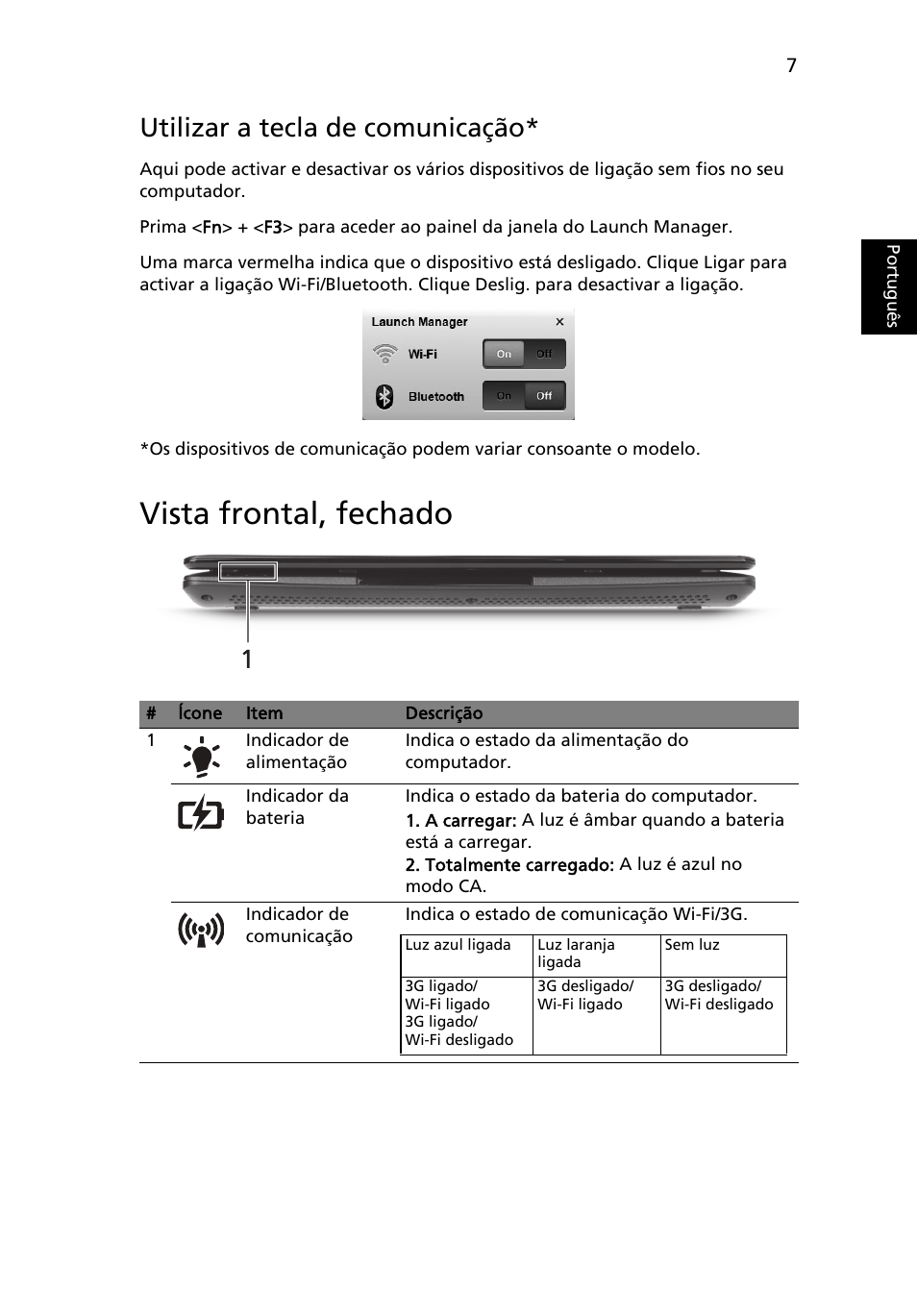 Vista frontal, fechado, Utilizar a tecla de comunicação, Portugu ês | Acer AOHAPPY2 User Manual | Page 67 / 318