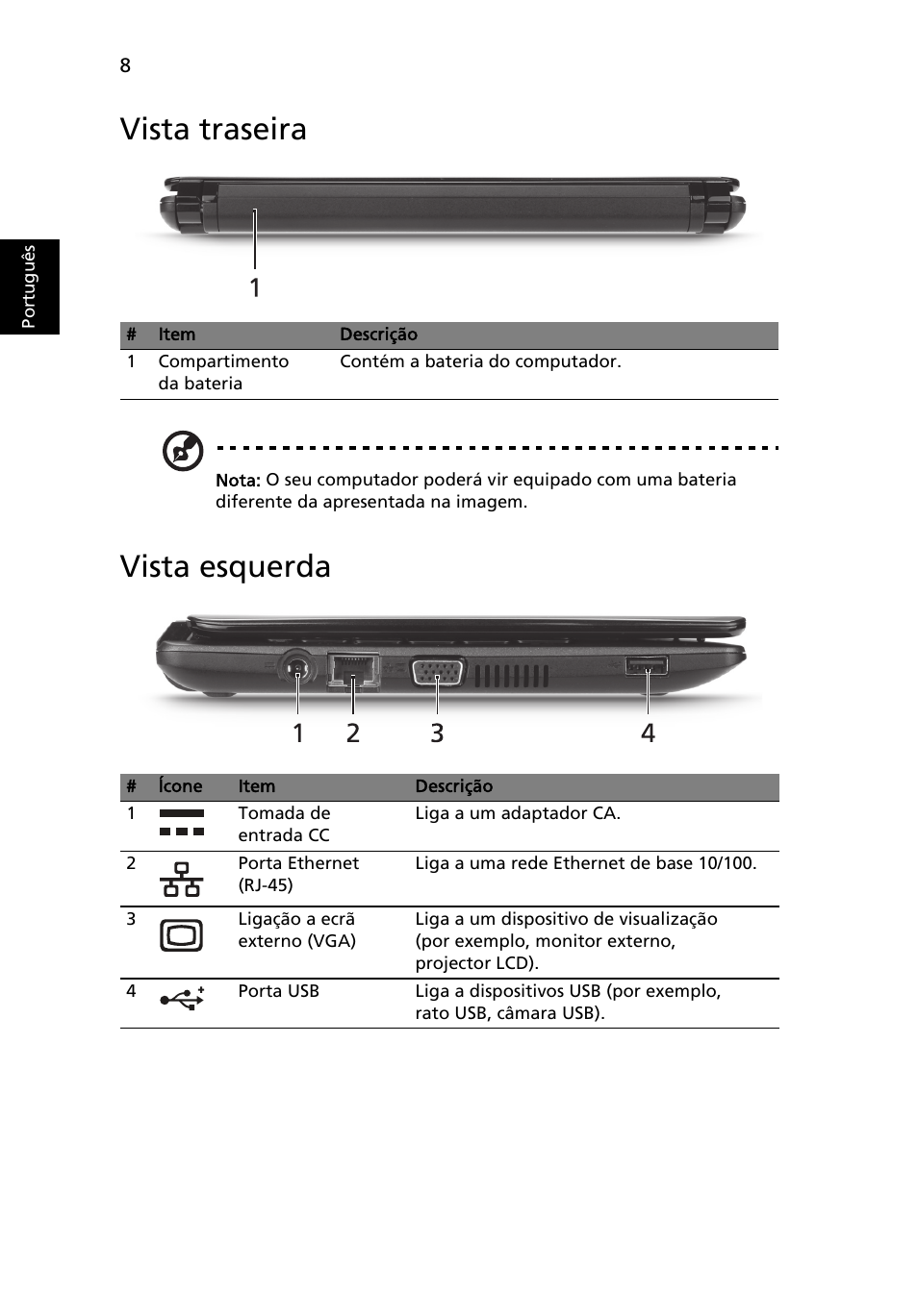 Vista traseira, Vista esquerda | Acer AOHAPPY2 User Manual | Page 68 / 318