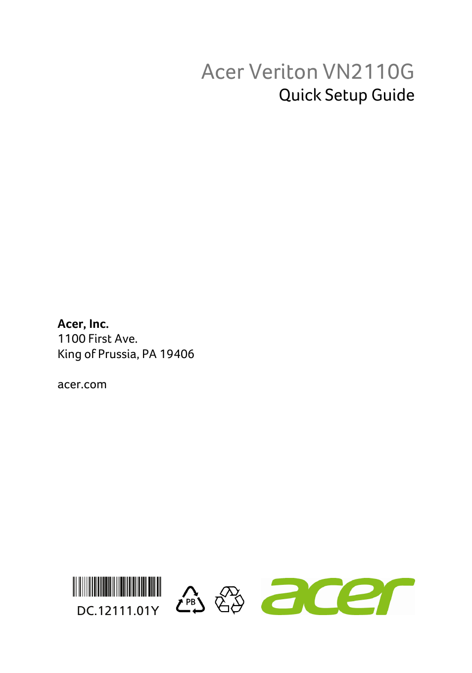 Acer veriton vn2110g, Quick setup guide | Acer X1240 User Manual | Page 130 / 130