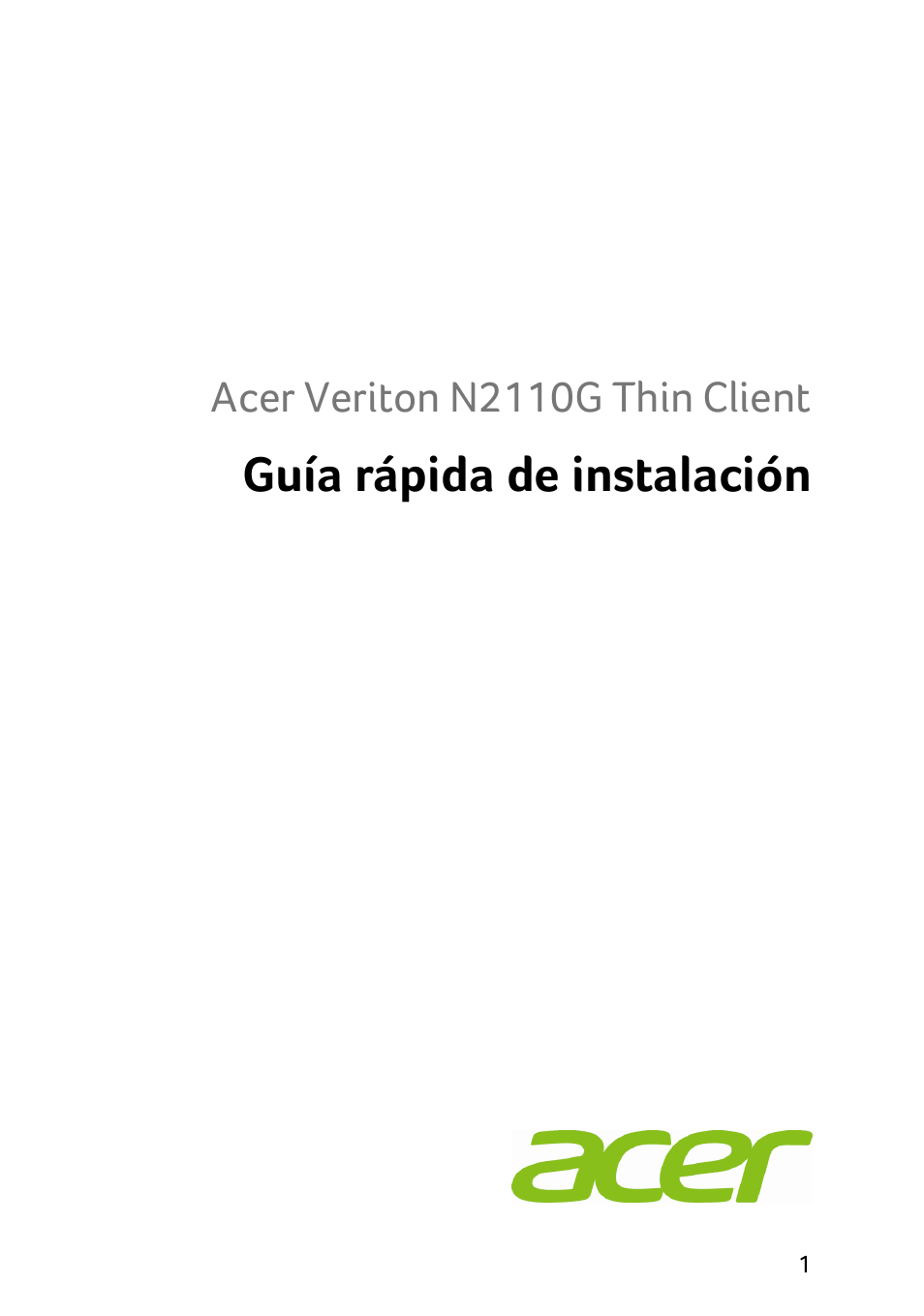 Guía rápida de instalación, Acer veriton n2110g thin client | Acer X1240 User Manual | Page 31 / 130