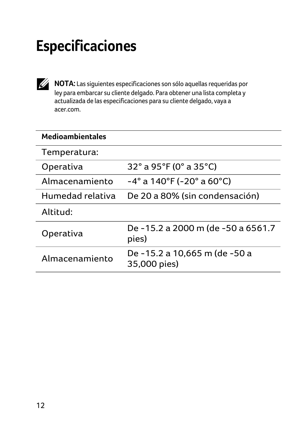 Especificaciones | Acer X1240 User Manual | Page 42 / 130