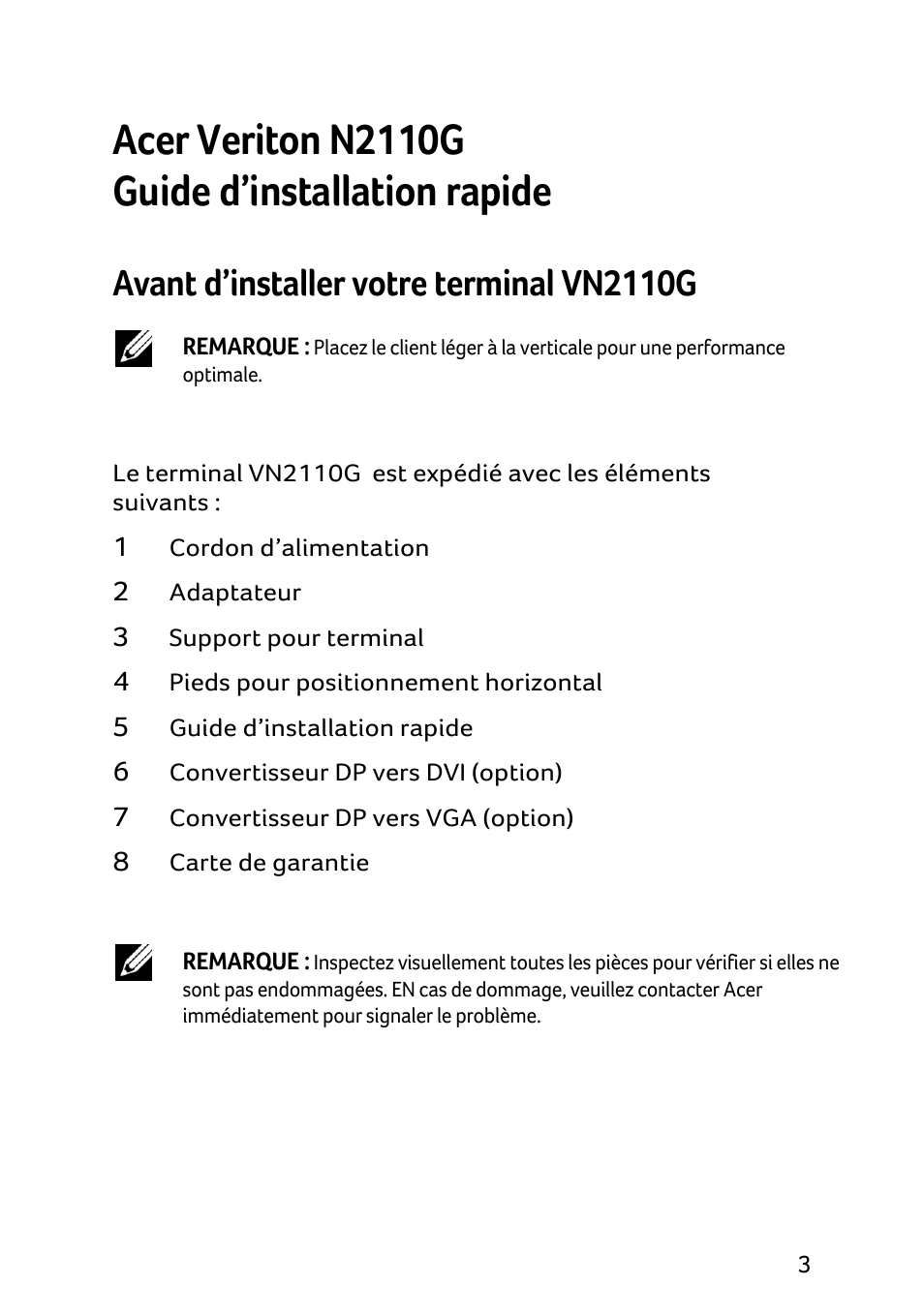 Acer veriton n2110g guide d’installation rapide, Avant d’installer votre terminal vn2110g | Acer X1240 User Manual | Page 47 / 130