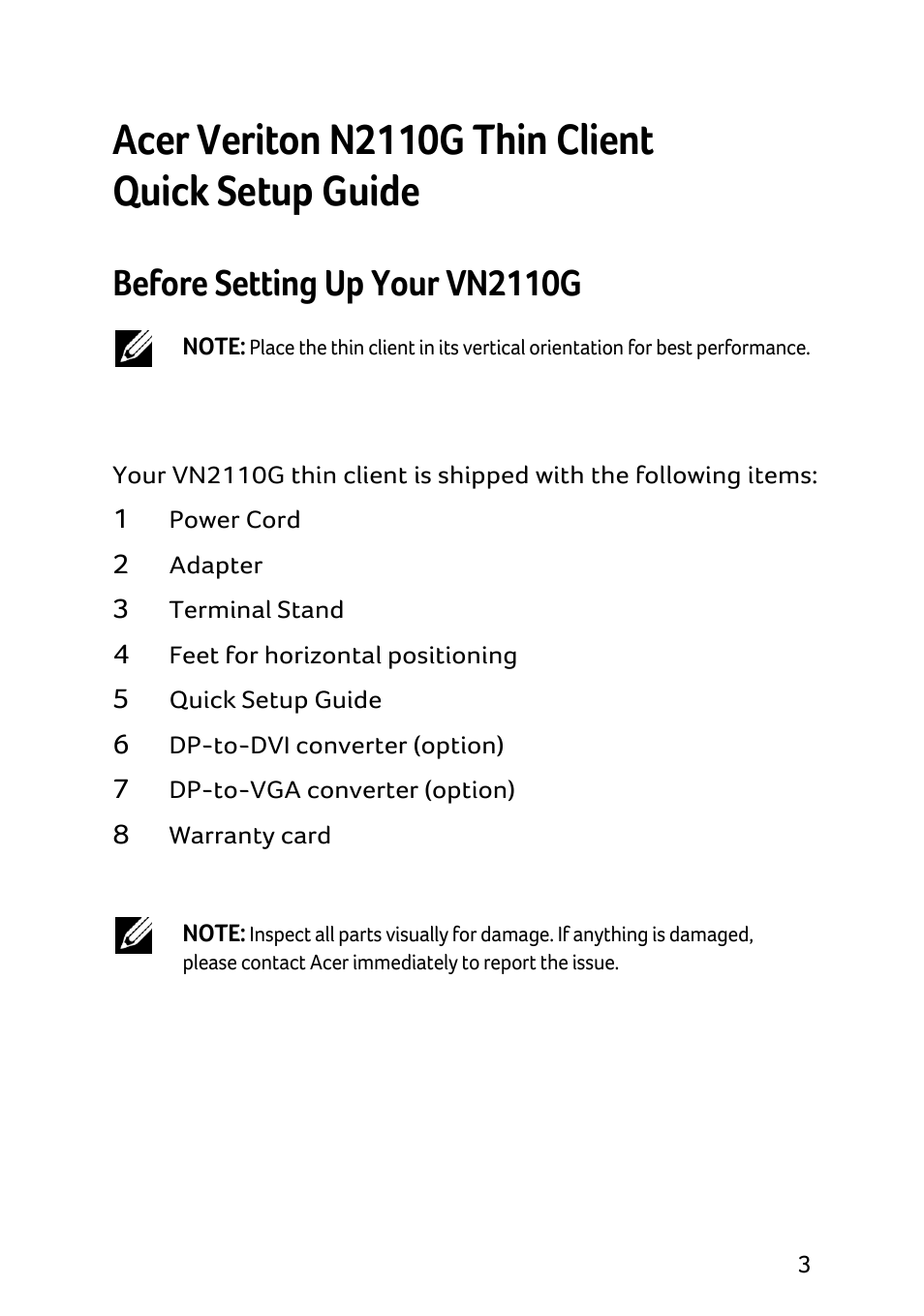 Acer veriton n2110g thin client quick setup guide, Before setting up your vn2110g | Acer X1240 User Manual | Page 5 / 130