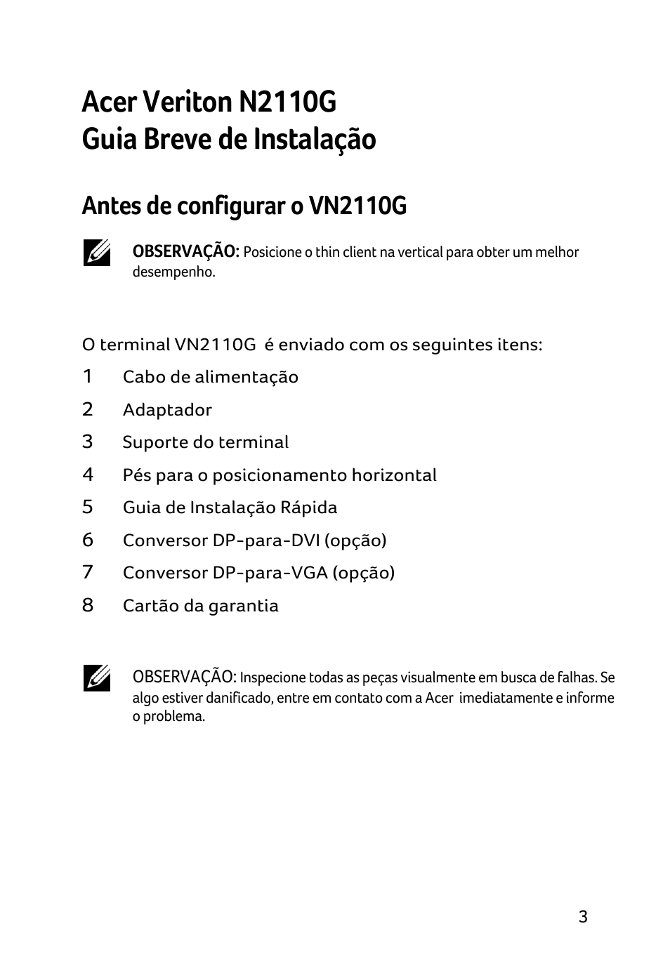 Acer veriton n2110g, Guia breve de instalação, Antes de configurar o vn2110g | Acer X1240 User Manual | Page 61 / 130