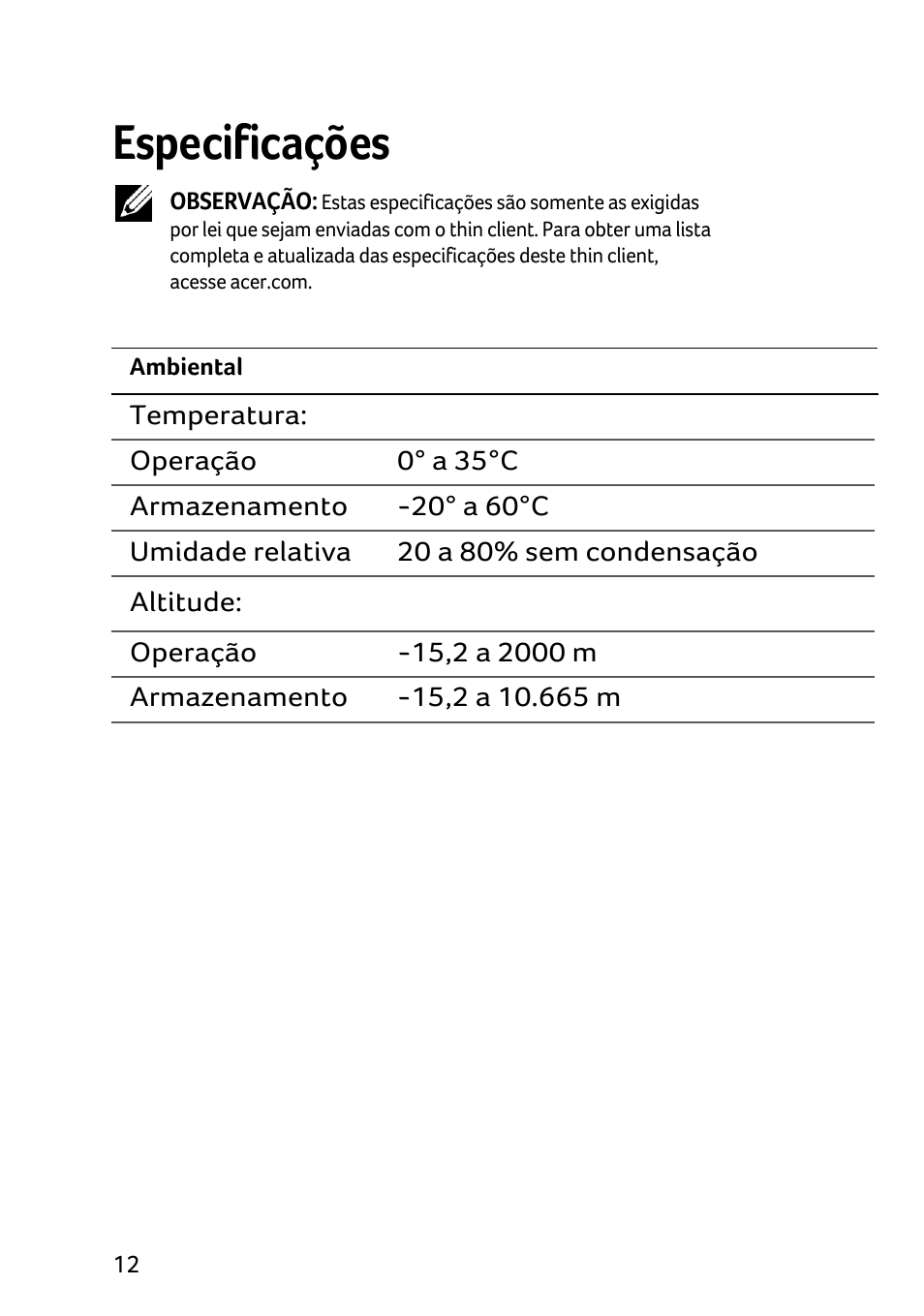 Especificações | Acer X1240 User Manual | Page 70 / 130