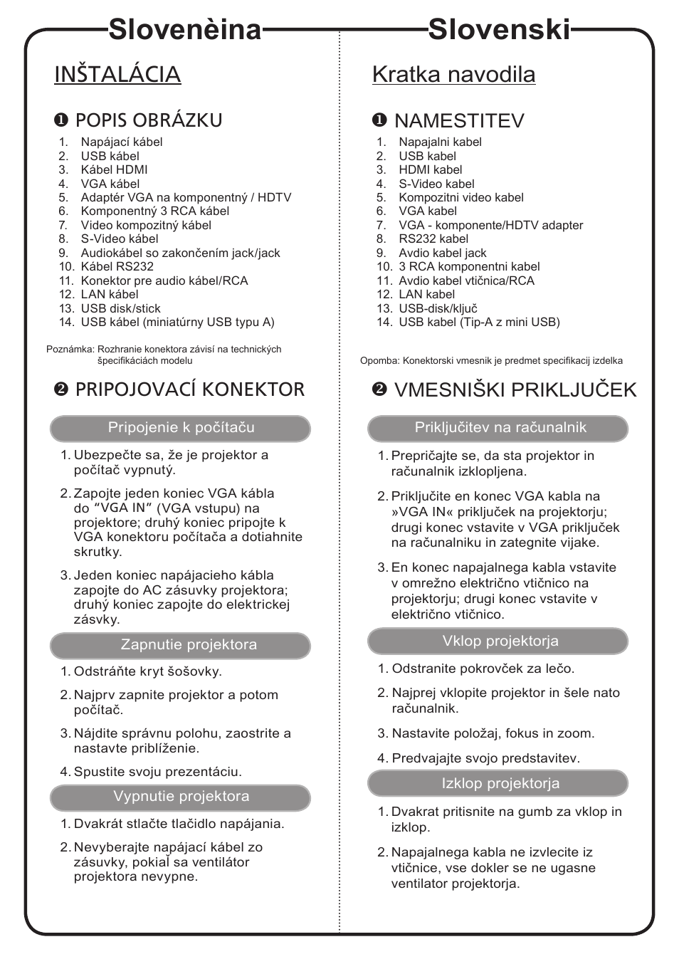 Slovenèina, Slovenski, Inštalácia | Kratka navodila, Popis obrázku, Pripojovací konektor, Namestitev, Vmesniški priključek | Acer P1201B User Manual | Page 11 / 19