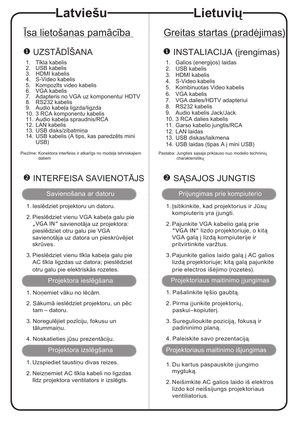 Latviešu, Lietuvių, Īsa lietošanas pamācība | Greitas startas (pradėjimas), Uzstādīšana, Interfeisa savienotājs, Instaliacija (įrengimas), Sąsajos jungtis | Acer P1201B User Manual | Page 13 / 19