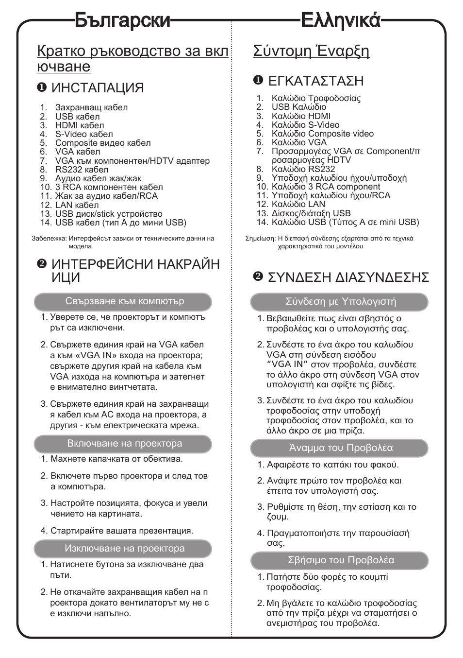 Ελληνικά, Български, Σύντομη έναρξη | Кратко ръководство за вкл ючване, Εγκατaσταση, Συνδεση διασυνδεσησ, Иhctaпaция, Интерфейсни накрайн ици | Acer P1201B User Manual | Page 14 / 19