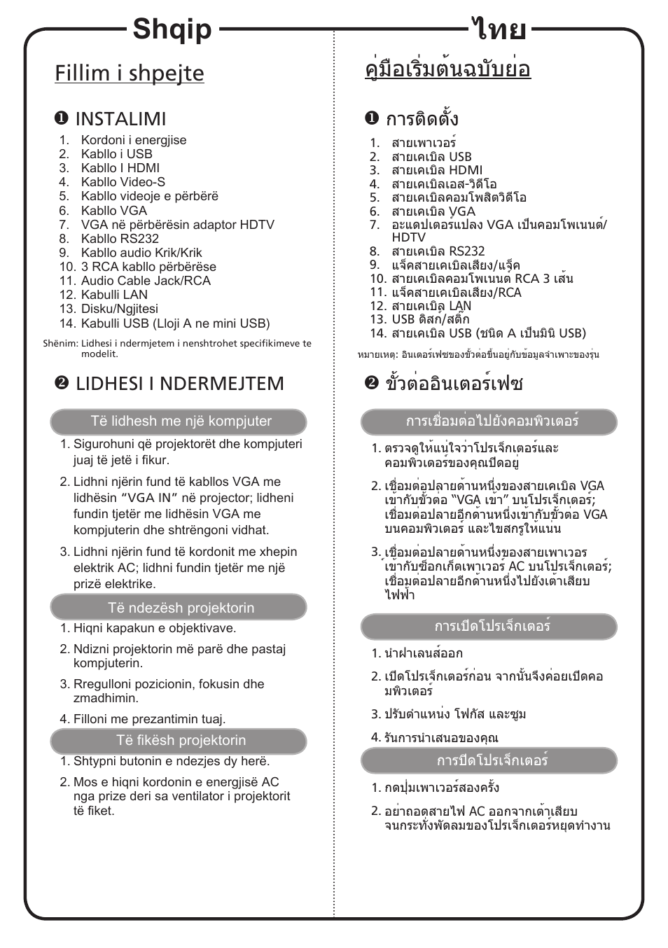 Shqip, Fillim i shpejte, คู่มือเริ่มต้นฉบับย่อ | Instalimi, Lidhesi i ndermejtem, การติดตั้ง, ขั้วต่ออินเตอร์เฟซ | Acer P1201B User Manual | Page 16 / 19