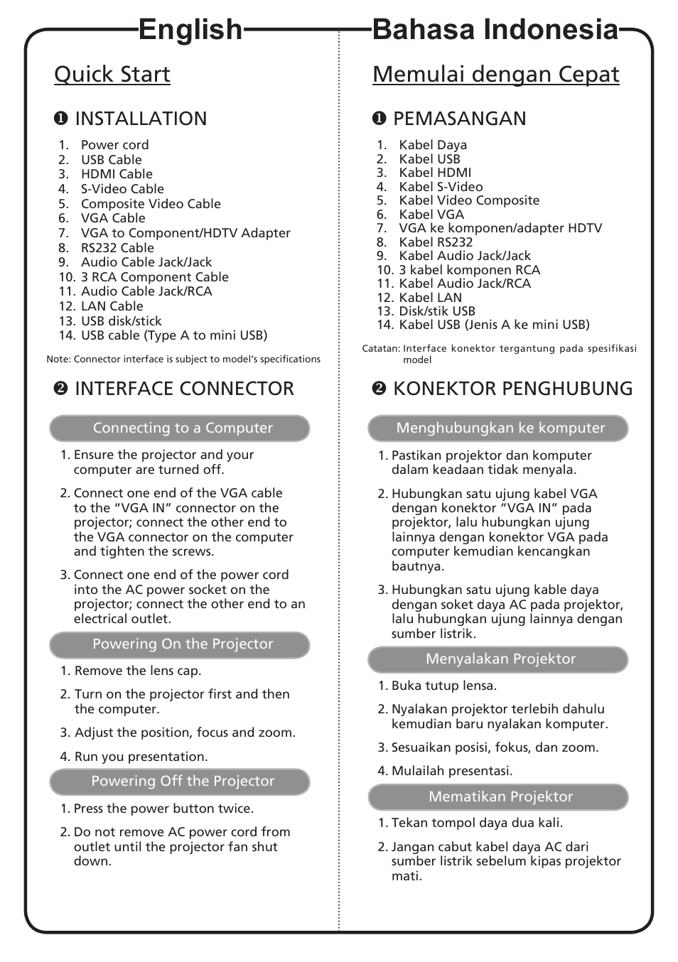 Bahasa indonesia, English, Memulai dengan cepat | Quick start, Pemasangan, Konektor penghubung, Installation, Interface connector | Acer P1201B User Manual | Page 2 / 19