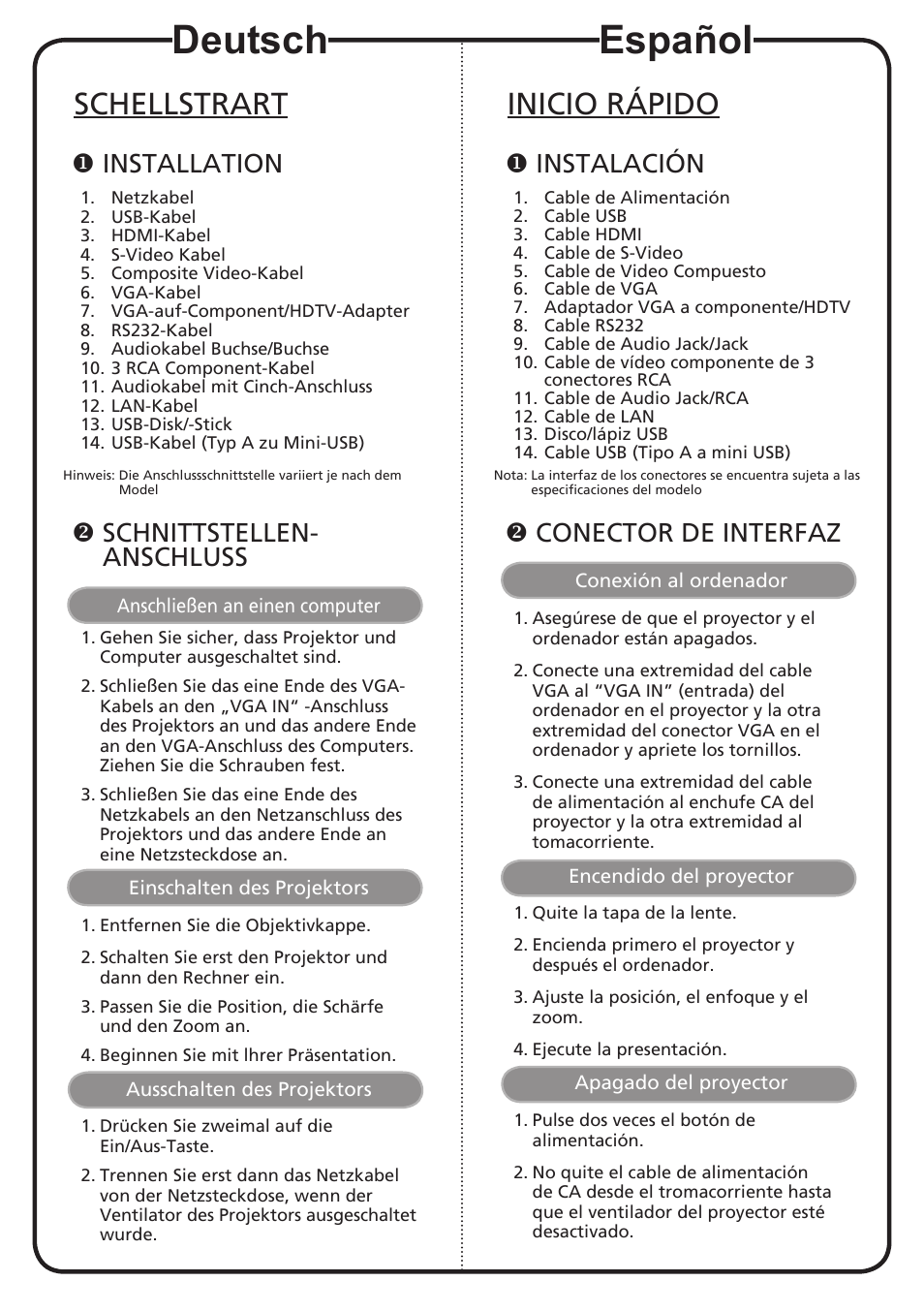 Deutsch, Español, Schellstrart | Inicio rápido, Installation, Schnittstellen- anschluss, Instalación, Conector de interfaz | Acer P1201B User Manual | Page 4 / 19