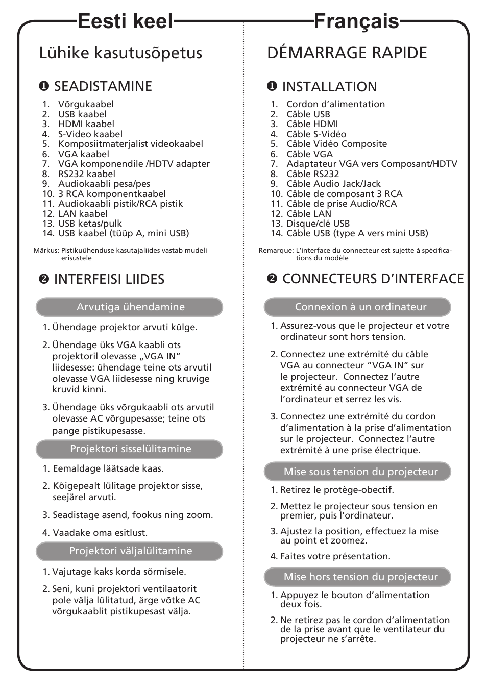 Eesti keel, Français, Lühike kasutusõpetus | Démarrage rapide, Seadistamine, Interfeisi liides, Installation, Connecteurs d’interface | Acer P1201B User Manual | Page 5 / 19