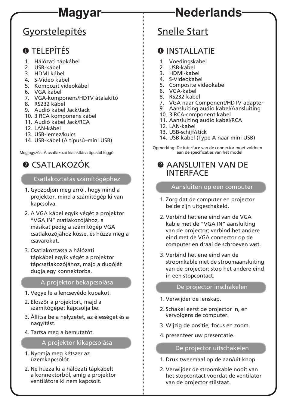 Magyar, Nederlands, Gyorstelepítés | Snelle start, Telepítés, Csatlakozók, Installatie, Aansluiten van de interface | Acer P1201B User Manual | Page 7 / 19