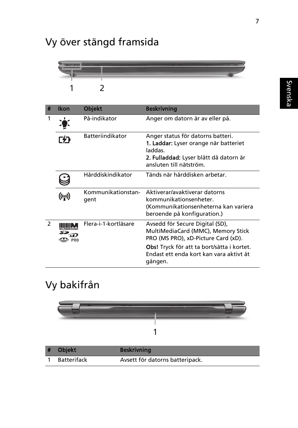 Vy över stängd framsida, Vy bakifrån, Vy över stängd framsida vy bakifrån | Acer Aspire 7750ZG User Manual | Page 103 / 316