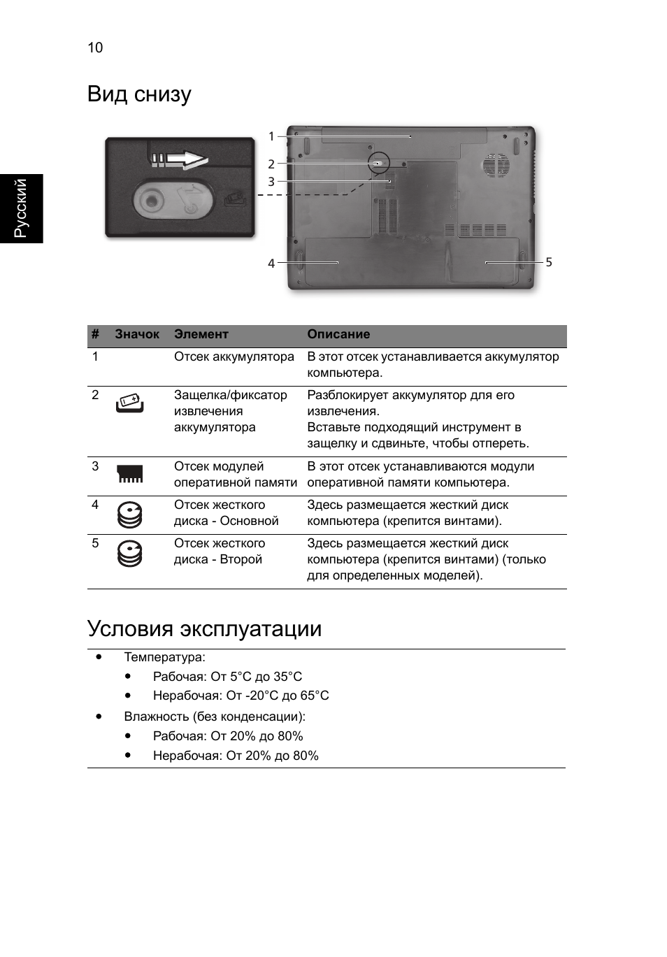 Вид снизу, Условия эксплуатации, Вид снизу условия эксплуатации | Acer Aspire 7750ZG User Manual | Page 126 / 316