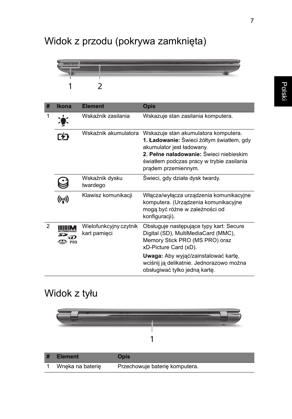 Widok z przodu (pokrywa zamknięta), Widok z tyłu, Widok z przodu (pokrywa zamknięta) widok z tyłu | Acer Aspire 7750ZG User Manual | Page 133 / 316