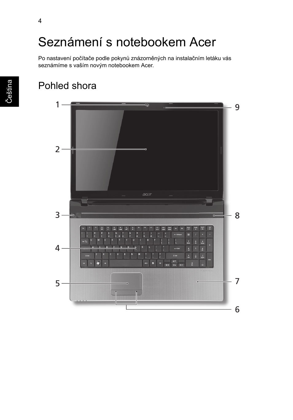 Seznámení s notebookem acer, Pohled shora | Acer Aspire 7750ZG User Manual | Page 150 / 316