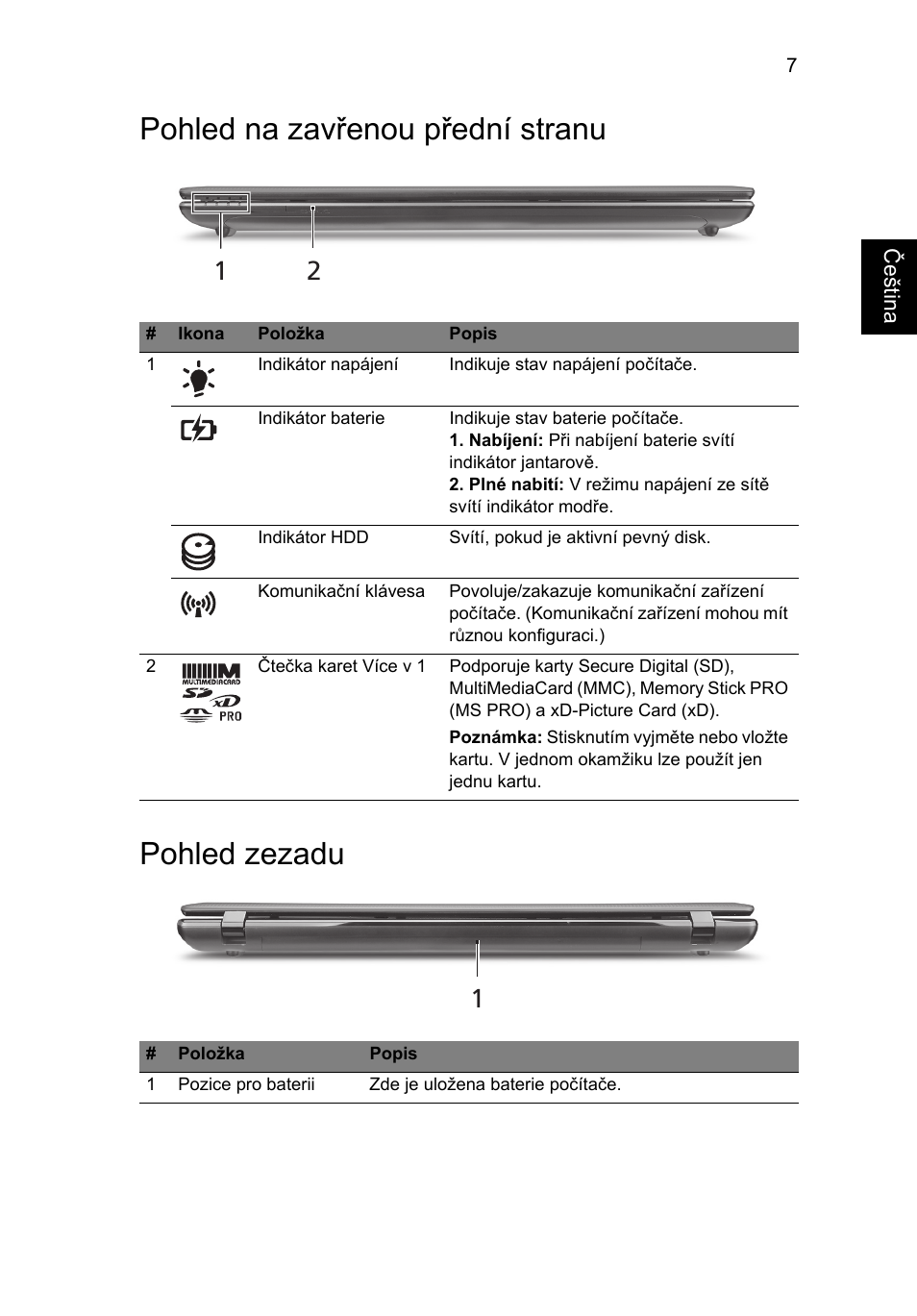 Pohled na zavřenou přední stranu, Pohled zezadu, Pohled na zavřenou přední stranu pohled zezadu | Acer Aspire 7750ZG User Manual | Page 153 / 316