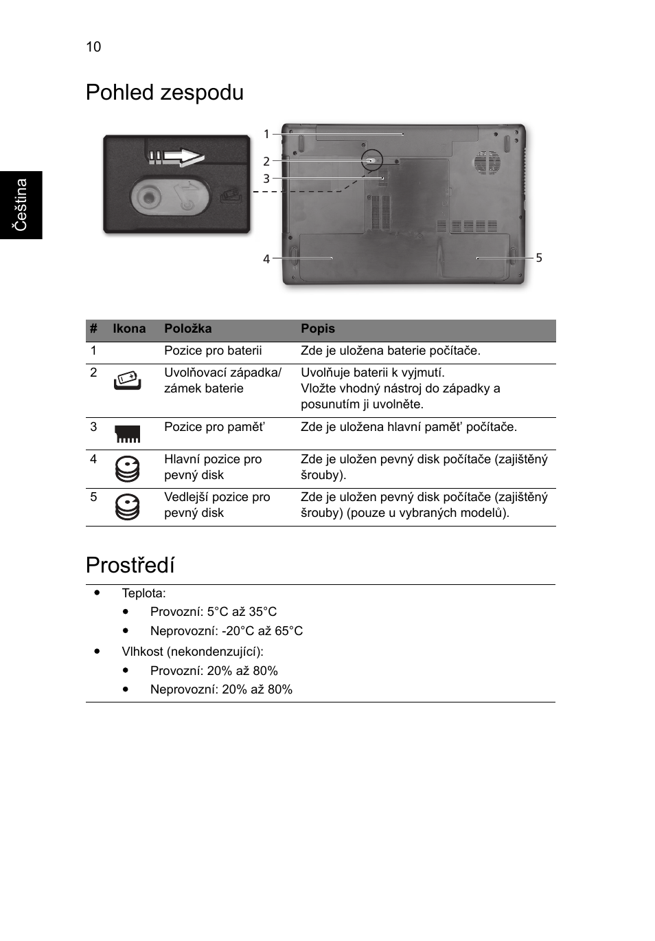 Pohled zespodu, Prostředí, Pohled zespodu prostředí | Acer Aspire 7750ZG User Manual | Page 156 / 316