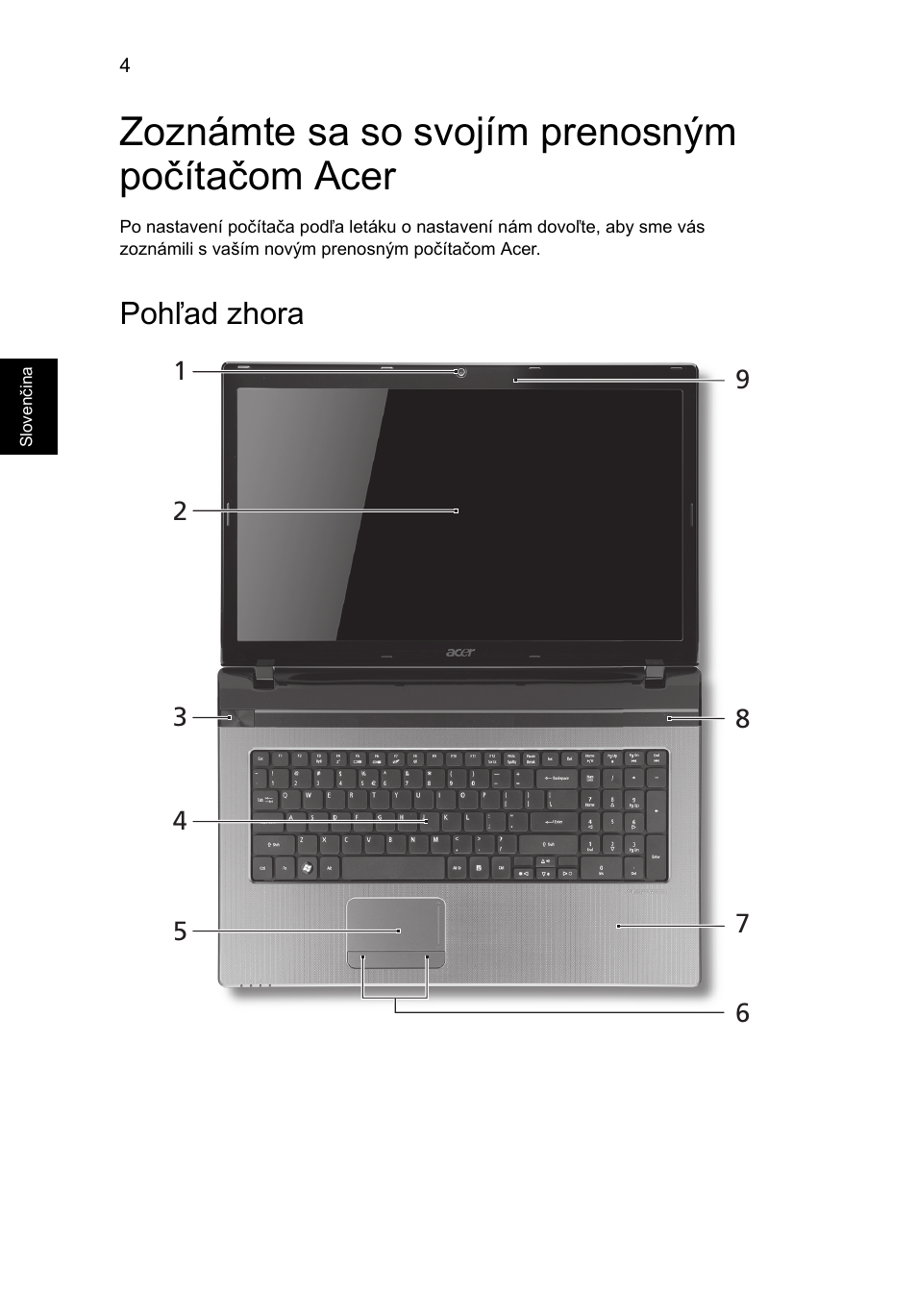 Zoznámte sa so svojím prenosným počítačom acer, Pohľad zhora | Acer Aspire 7750ZG User Manual | Page 160 / 316