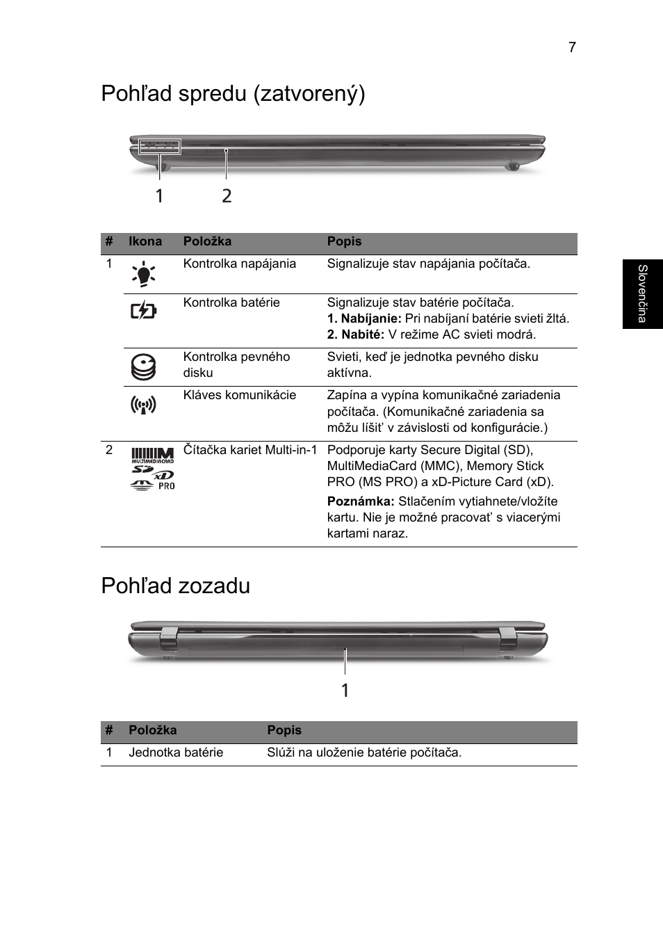 Pohľad spredu (zatvorený), Pohľad zozadu, Pohľad spredu (zatvorený) pohľad zozadu | Acer Aspire 7750ZG User Manual | Page 163 / 316