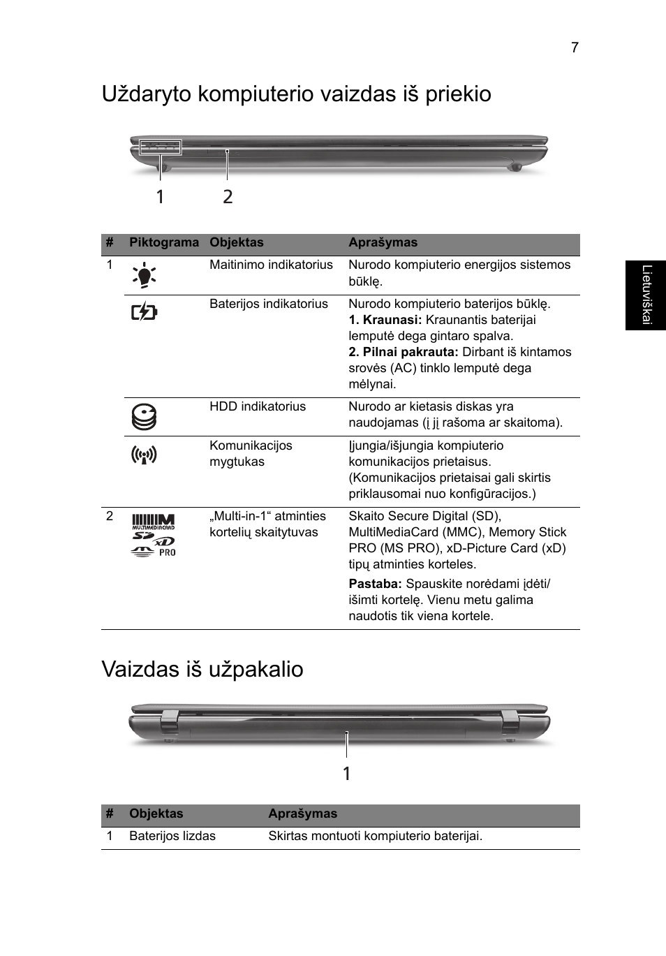 Uždaryto kompiuterio vaizdas iš priekio, Vaizdas iš užpakalio | Acer Aspire 7750ZG User Manual | Page 233 / 316