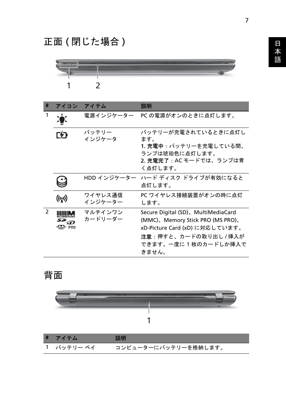 正面 (閉じた場合), 正面 ( 閉じた場合 ) 背面 | Acer Aspire 7750ZG User Manual | Page 263 / 316