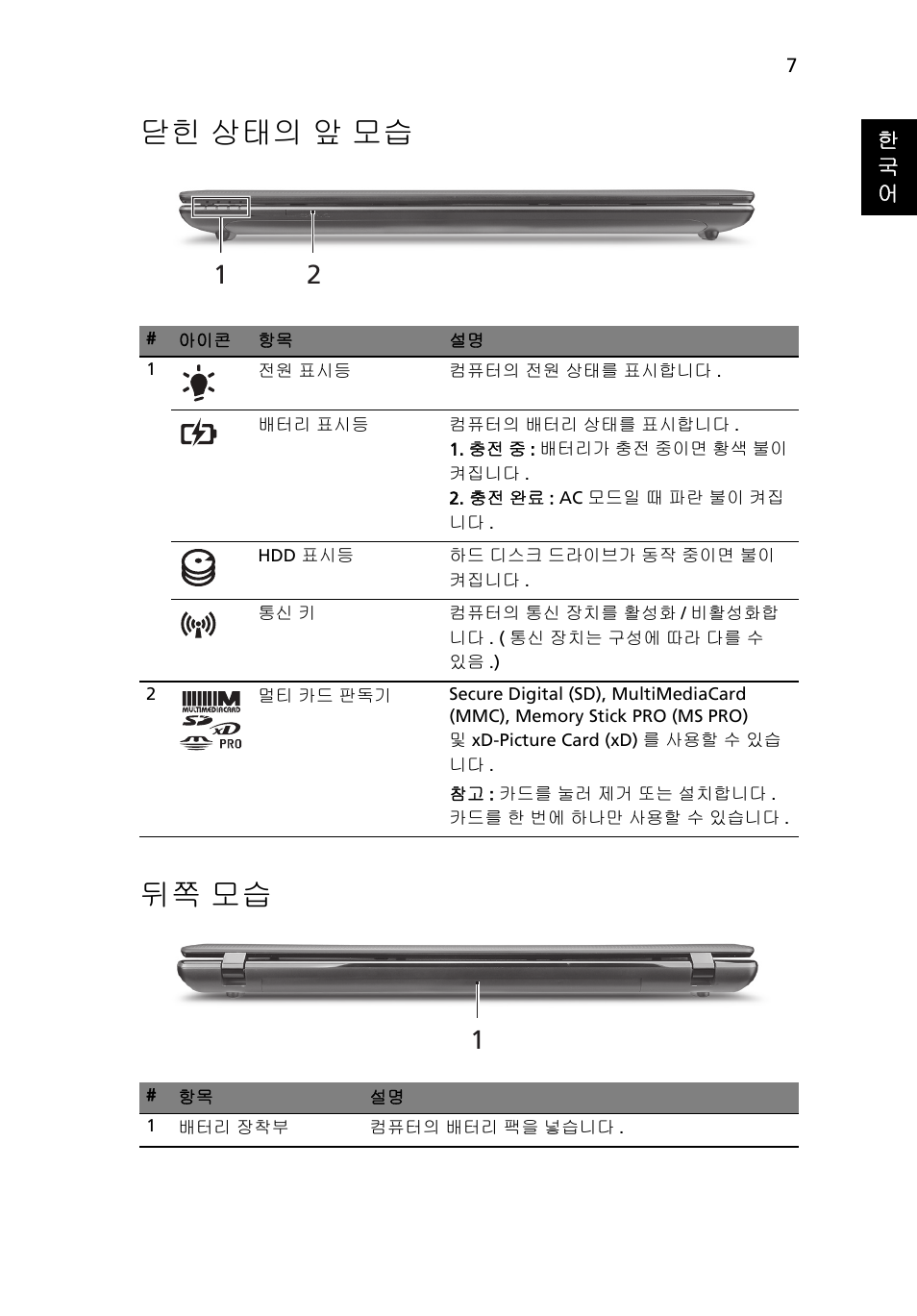 닫힌 상태의 앞 모습, 뒤쪽 모습, 닫힌 상태의 앞 모습 뒤쪽 모습 | Acer Aspire 7750ZG User Manual | Page 273 / 316