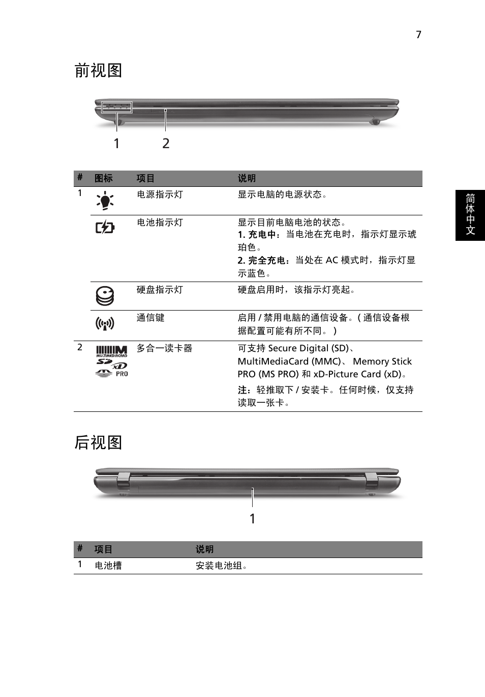 前视图 后视图 | Acer Aspire 7750ZG User Manual | Page 293 / 316