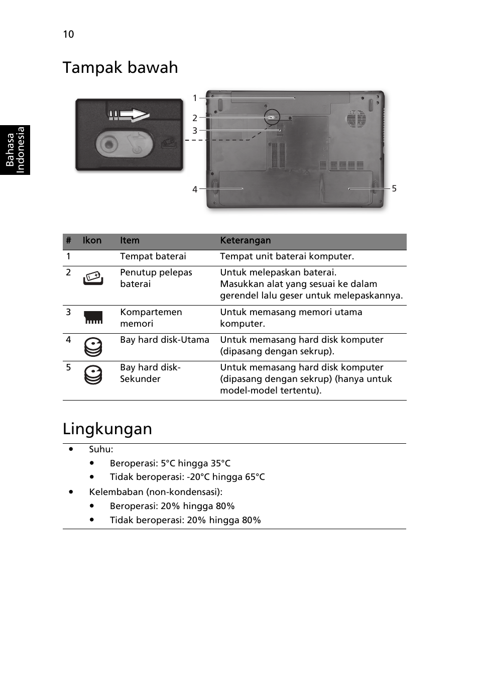 Tampak bawah, Lingkungan, Tampak bawah lingkungan | Acer Aspire 7750ZG User Manual | Page 306 / 316