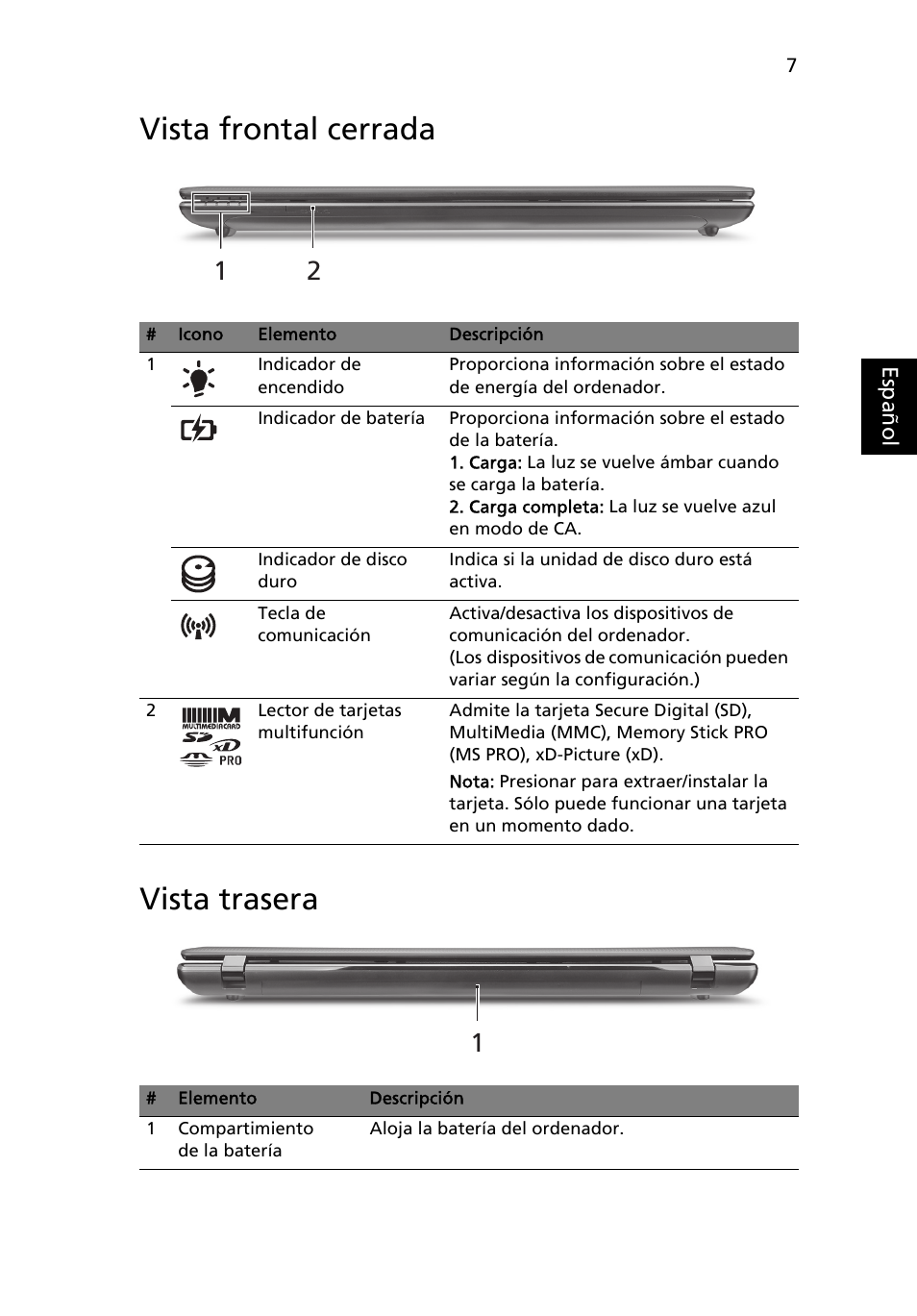 Vista frontal cerrada, Vista trasera, Vista frontal cerrada vista trasera | Acer Aspire 7750ZG User Manual | Page 49 / 316