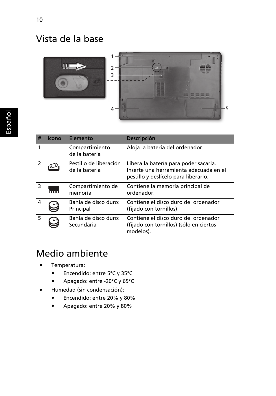 Vista de la base, Medio ambiente, Vista de la base medio ambiente | Acer Aspire 7750ZG User Manual | Page 52 / 316