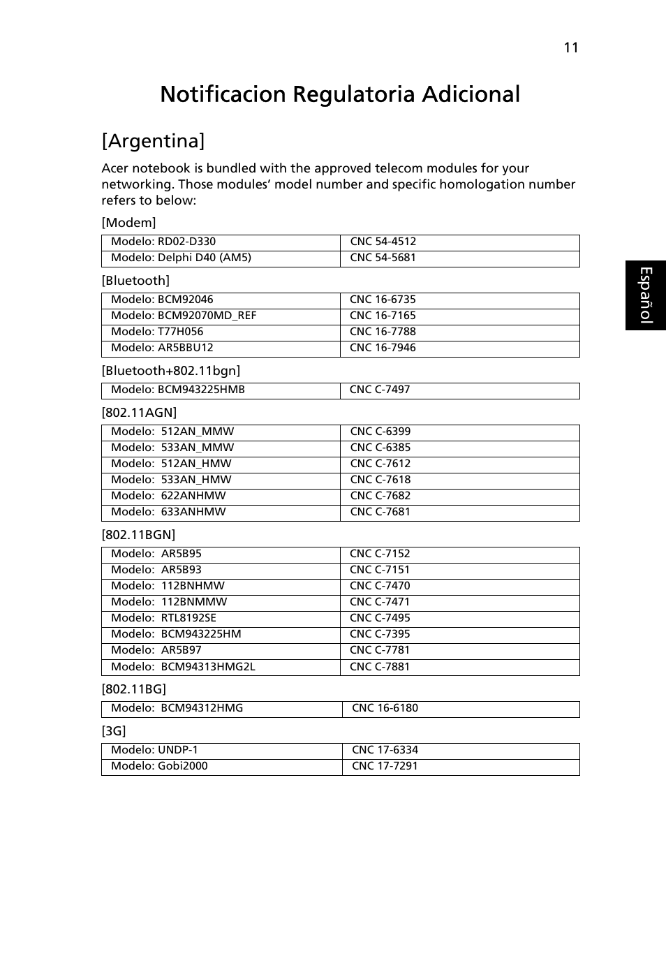 Notificacion regulatoria adicional, Argentina, Eng lish es paño l | Acer Aspire 7750ZG User Manual | Page 53 / 316