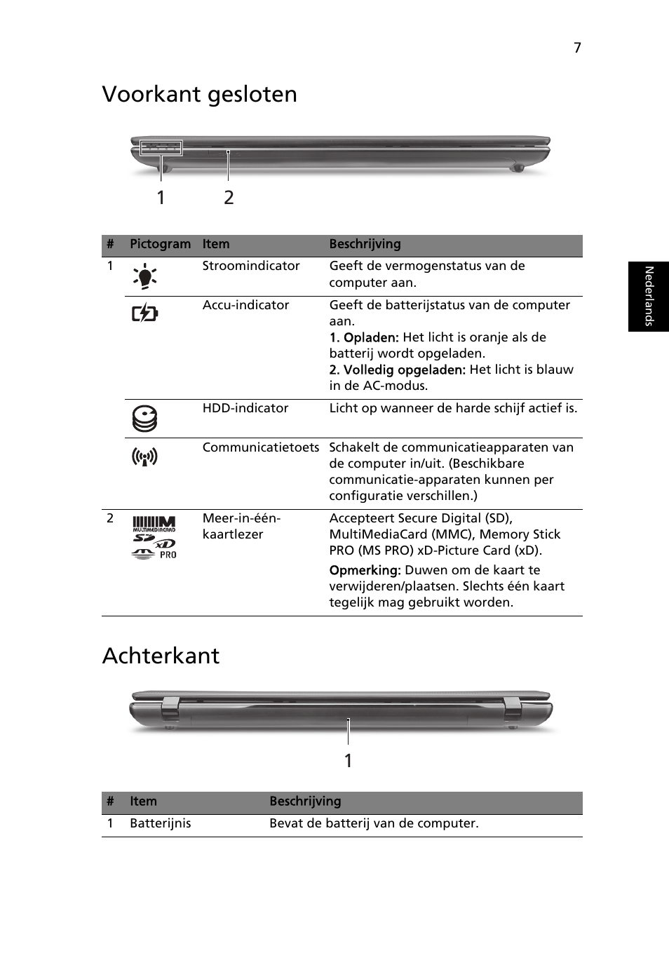 Voorkant gesloten, Achterkant, Voorkant gesloten achterkant | Acer Aspire 7750ZG User Manual | Page 73 / 316