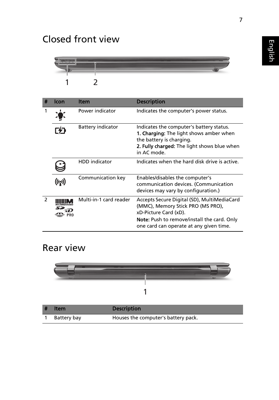 Closed front view, Rear view, Closed front view rear view | Acer Aspire 7750ZG User Manual | Page 9 / 316